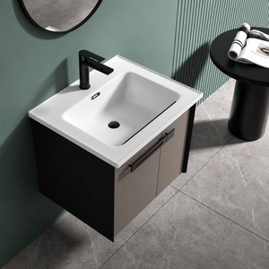 Meuble-lavabo mural moderne <span class=keywords><strong>gris</strong></span> taupe avec vasque en céramique monobloc et miroir ovale vertical noir - Product Image 2