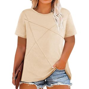 Fisoew Camiseta de manga corta para mujer, talla grande, informal, holgada, con cuello redondo, túnica asimétrica, jersey de algodón transpirable - Product Image 6