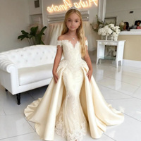 Robe de demoiselle d'honneur sirène de luxe en dentelle blanche avec jupon, épaules dénudées, pour mariages et communions