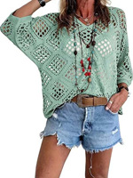 Pull-over élégant d'été pour femme, col en V, motif losanges, manches chauve-souris ajourées, tricoté à la main en polyester/spandex