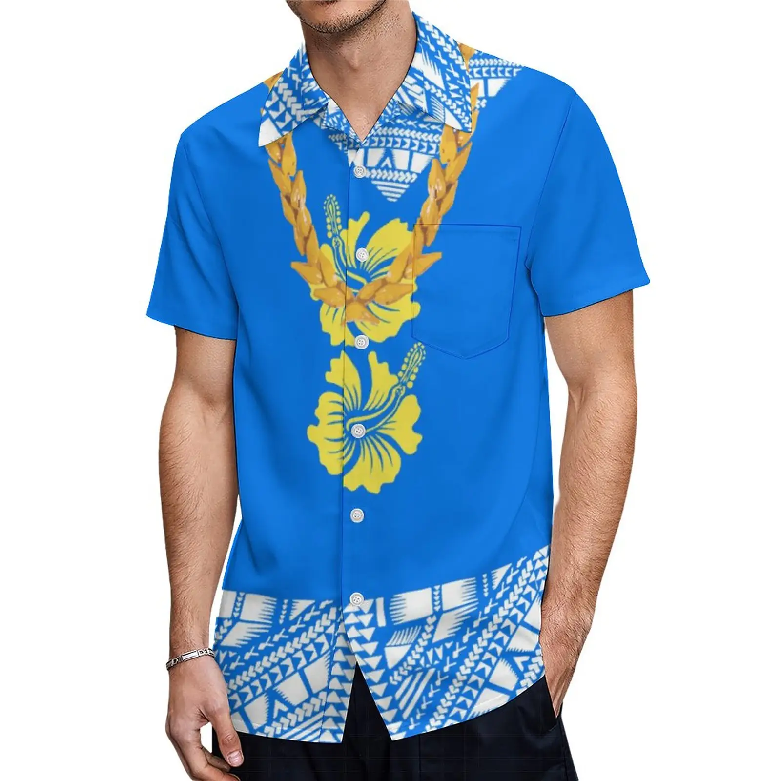 Nieuwe Beste Prijs Samoa Ketting Polynesische Tribal Top Plus Size Mannen Shirts Samoa Lei Lauhala Print Cubaanse Kraag Korte Mouwen shirt