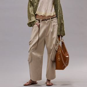 Pantalones <span class=keywords><strong>Cargo</strong></span> Anchos <span class=keywords><strong>Beige</strong></span> Personalizables, Pantalones Vaqueros Holgados de Cintura Baja con Múltiples Bolsillos para <span class=keywords><strong>Mujer</strong></span>, Ropa Urbana - Product Image 3