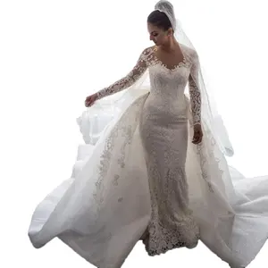 Có thể tháo rời Tulle overskirt Nàng Tiên Cá Vintage Bridal gowns hiện đại Wedding Dress có thể tháo rời đuôi cá Bridal 2 trong 1 Wedding Dress