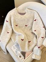 Pull en tricot pour femme, motif jacquard personnalisé, col rond, manches longues, motif cœur, fabricant OEM ODM, marque privée