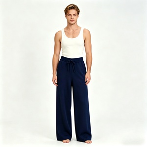 Men's Wide Leg Knit Track Pants Elastic <b>Drawstring</b> Waist Casual <b>Trousers</b> - Product Image 1