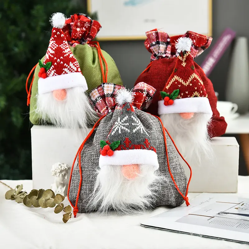 Tas hadiah dekorasi Natal, kain disikat merah perlengkapan dekorasi permen manusia salju tua tas bel rusa/