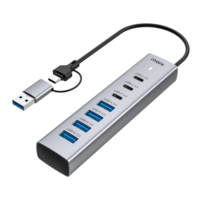 Hub USB 3.0 7 Port dengan Kabel Host Dual Male, 4 Port USB A Plus 3 Port USB C, Transfer Data 5Gbps, dan Port Input Daya Tipe C 5V