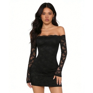 เดรสสั้นลูกไม้เปิดไหล่แขนยาวทรงเข้ารูปสำหรับผู้หญิง แต่งขอบด้วยผ้าลูกไม้ เหมาะสำหรับงานกลางคืน แฟชั่นชุดเดรส - Product Image 2