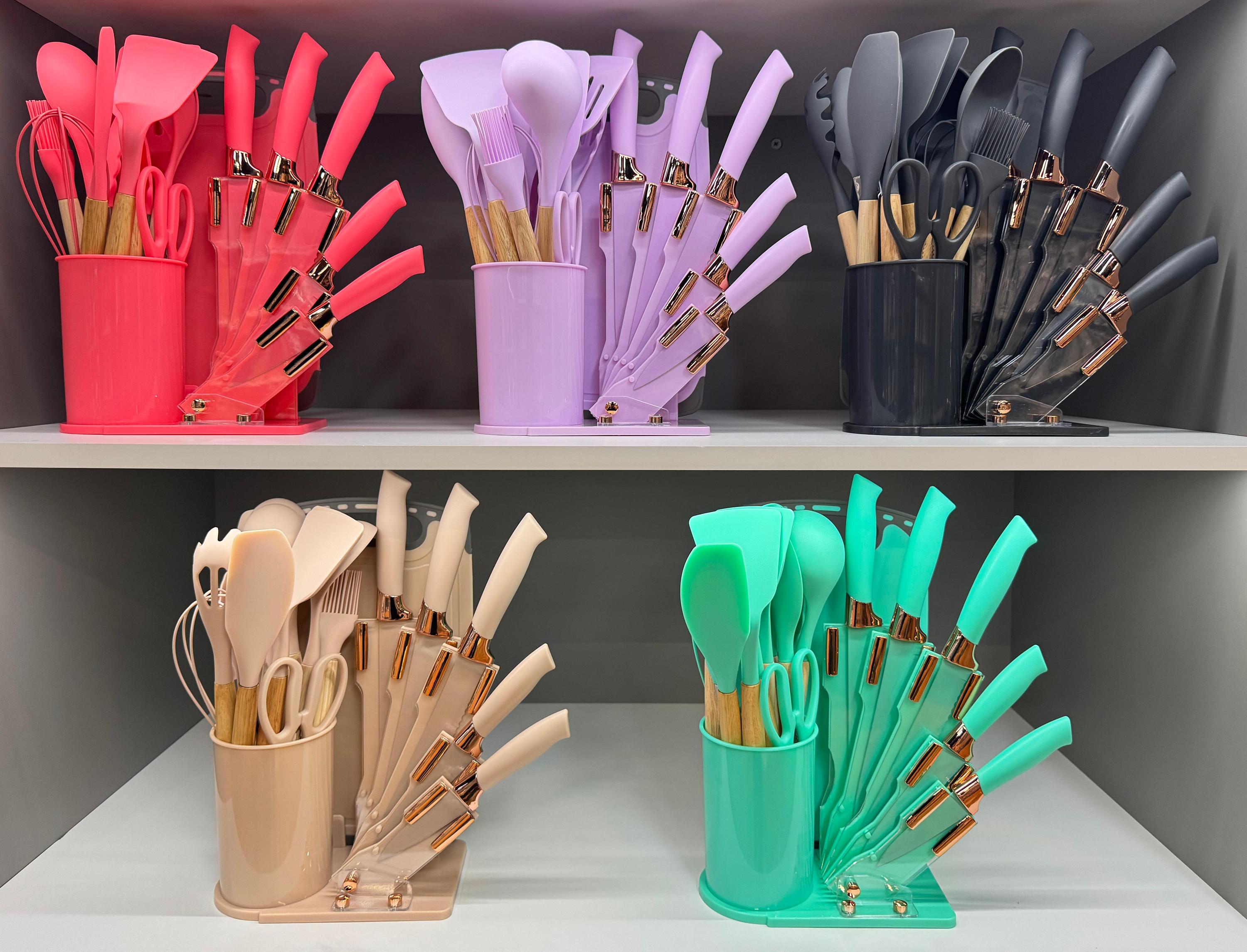 19pcs Silicone Non-Stick Kitchen Utensil Set with Handle Including Spatula and Spoon Essential Cooking Tools for Knife Sets