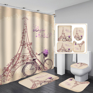 4Pcs Paris Tour Eiffel Rideau de <span class=keywords><strong>Douche</strong></span> Set de Salle de Bain Décor avec Tapis Antidérapant Tapis de Bain en Forme de U Couvercle de Toilette Imperméable - Product Image 3