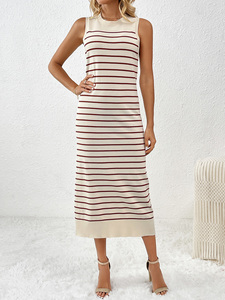 Vestido Maxi de Punto a Rayas sin Mangas con Cuello Redondo, Elegante y Casual <span class=keywords><strong>para</strong></span> <span class=keywords><strong>Mujer</strong></span>, Venta al por Mayor de Fábrica - Product Image 4