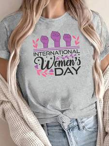 Elegante T-Shirt da Donna con Collo Tondo e Maniche Corte, Stampa per la Giornata Internazionale della Donna, Stile Casual, 100% Cotone Jersey - Product Image 3