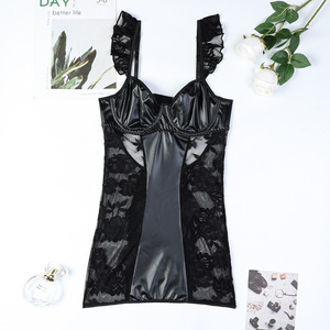 ชุดนอนเซ็กซี่ผ้าลูกไม้ซีทรูแต่งระบาย แต่งหนัง PU แบบเย็บต่อกัน ชุดเดรสผู้หญิงแบบสองชิ้นพร้อมจีสตริง ลดราคาสุดฮอต - Product Image 6