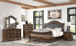 Traditional Dark Brown Sleigh Bedroom Furniture Set with Tufted Leather Headboard Ornate Carvings and Matching <b>Dresser</b> - Product Image 5