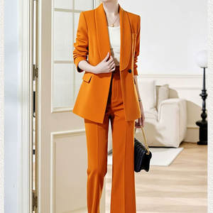 <span class=keywords><strong>Ensemble</strong></span> de blazer orange sur mesure pour femmes <span class=keywords><strong>Pantalon</strong></span> <span class=keywords><strong>évasé</strong></span> taille haute Costume à manches boutonnées pour le travail de bureau et les sorties décontractées - Product Image 4