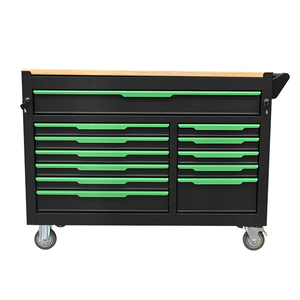 Premium Black and Green Rolling Tool Cabinet with 12 <b>Lockable</b> <b>Drawers</b> and Wooden Worktop for Garage Use - Product Image 4