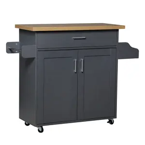 Homebase Beech Top Grey Wood Storage Kitchen Island cart with Spice and Towel Rack