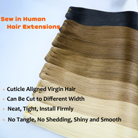 Extensions de cheveux humains à coudre, bruts, non traités, double trame, tissées à la machine, pour professionnels