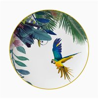 Service de table en porcelaine fine à imprimé floral tropical, assiettes rondes à bord doré pour la maison, les mariages, les fêtes et les dîners élégants