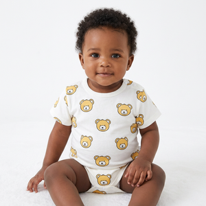 Lindo pelele de algodón suave con estampado de oso, manga corta y cuello redondo para bebés unisex - Product Image 1