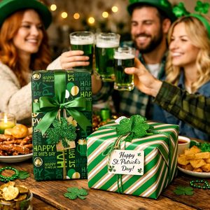 St. Patrick's Day Wrapping <b>Paper</b> Metallic Foil Green Shamrock Design 1 <b>Roll</b> Gift <b>Wrap</b> for St. Pat's Day Celebration - Product Image 2