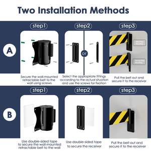 Barriera a Nastro Retrattile con Montaggio a Parete Fisso, Barriere per Controllo Folla con Custodia in Acciaio Nero, Nastro Espandibile in Acciaio Inox - Product Image 6