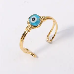 Anillos de latón ajustables chapados en oro de moda Bohemia al por mayor para mujer, anillo de Ojo Azul turco delicado de buena suerte