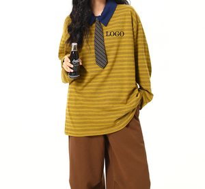 Garment Manufacturer Custom High Quality 100%cotton Maillard Striped <strong>Ladies</strong> <strong>POLO</strong> <strong>Shirt</strong> American Vintage <strong>Ladies</strong> <strong>Long</strong> <strong>Sleeve</strong> <strong>Shirt</strong> - Product Image 3