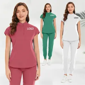 Oem özel logo toptan yeni tasarım renk kısa kollu kadın tarzı streç hastane üniforması takım hemşire cerrahi üniforma setleri