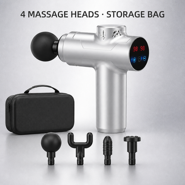 Mini Massage Gun 460g 4 Speed 4 Heads Deep Tissue Percussion 42dB Low Noise Type C Rechargeable Full Body Relaxation