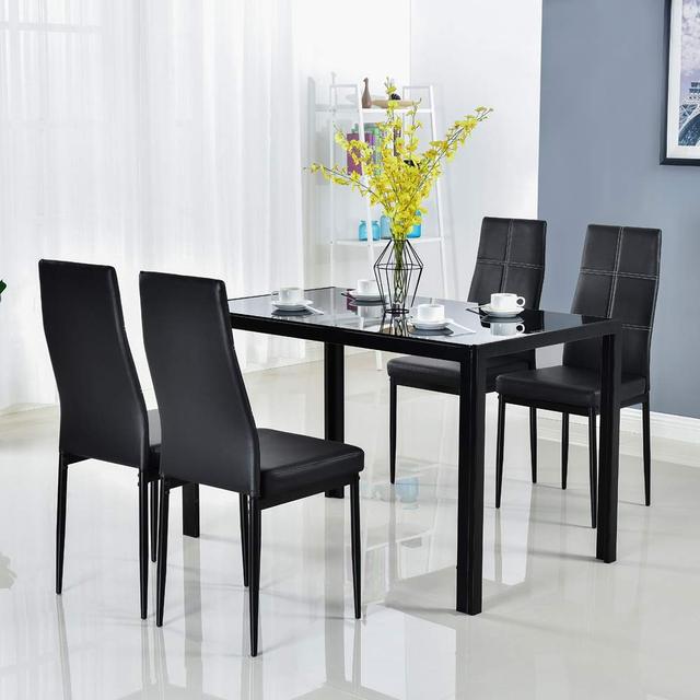 Modern Style Glass Dining/Kitchen Table Set with Leather Chairs for Apartment Hotel School Use