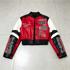 <span class=keywords><strong>Veste</strong></span> <span class=keywords><strong>Moto</strong></span> Courte Y2K Streetwear Personnalisée pour <span class=keywords><strong>Femme</strong></span> – Blouson Bomber en Similicuir Racing Color Block <span class=keywords><strong>Rouge</strong></span>, Noir et Blanc - Product Image 1