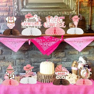 8 pièces Décoration de table en papier écologique rose, thème Cowgirl Western, centre de table nid d'abeille pour baby shower Cowgirl - Product Image 2