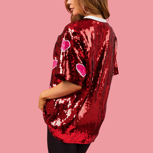 T-shirt <span class=keywords><strong>con</strong></span> paillettes oversize da donna su misura <span class=keywords><strong>con</strong></span> paillettes <span class=keywords><strong>rosso</strong></span> e rosa <span class=keywords><strong>con</strong></span> motivo a <span class=keywords><strong>cuore</strong></span> manica mezza manica Casual a coste ampio Top Fit - Product Image 3