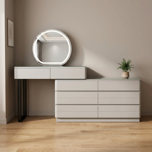 Modern Minimalist Makeup <b>Vanity</b> <b>Table</b> with Lighted <b>Mirror</b> Gray MDF Storage Bedroom Furniture - Product Image 2