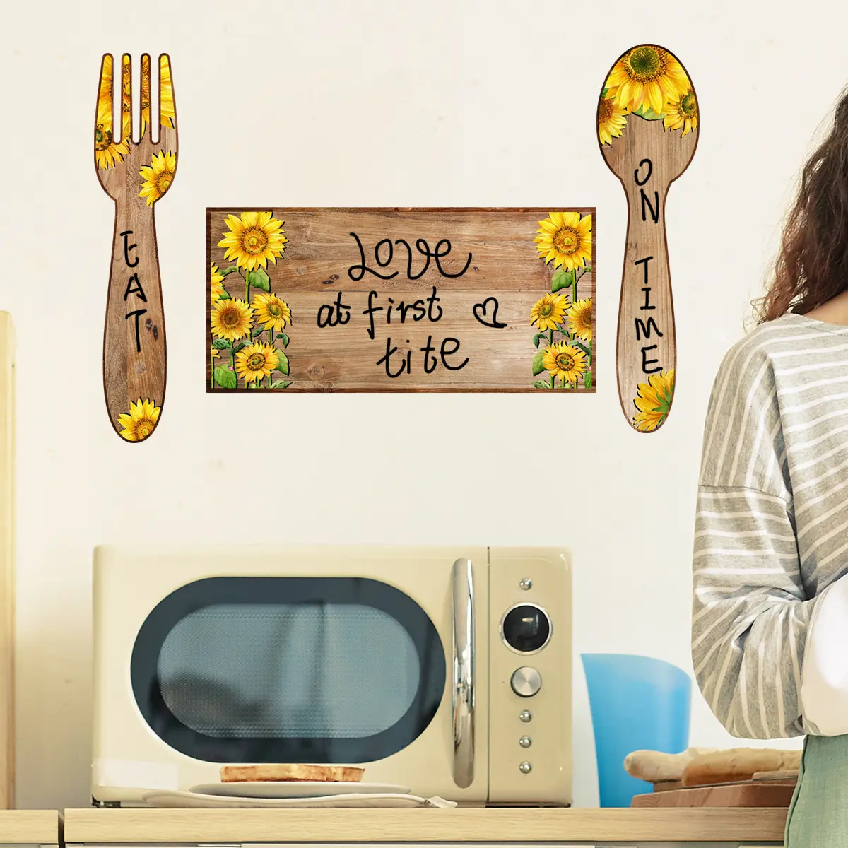 Log Knife And Fork Sunflower Wall Sticker For Kitchen Decoration And Promotion Self-adhesive Wallpaper