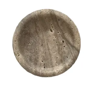 Matted Silver Grey Travertine Circular Stone Tray Decorative Grey Travertine Marble Bathroom Catchall Bowl