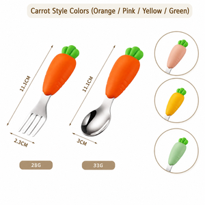 Juego de Cubiertos de Práctica para Niños, Cuchara y Tenedor para Bebés con Diseño de Zanahoria, Mango de Silicona, Acero Inoxidable 304 de Grado Alimenticio, Vajilla Infantil - Product Image 1