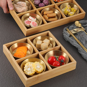 Assiette de cuisine carrée en acier inoxydable à 6 grilles, or et argent Boîte d'assaisonnement pour marmites chaudes Assiette à grille en bois Assiette à sel - Product Image 1
