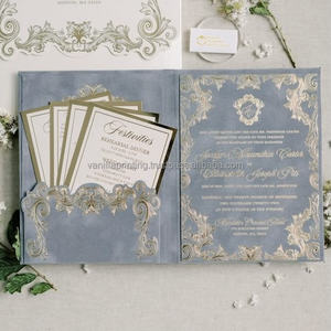 Boîte d'invitation de luxe en velours avec gaufrage sculpté et estampage à chaud, ensemble d'invitations de mariage à couvercles rabattables - Product Image 3