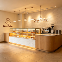 Airy Luxe Bakery & Coffee Market Stall Featuring Glass Display Case, Open Tiered Shelving, and Integrated Warm Lighting