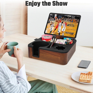Support de canapé en bois d'acacia avec insert en silicone de qualité alimentaire pour soirées cinéma, boîte à collation pour canapé avec porte-gobelet et support de téléphone - Product Image 4