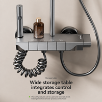 Ensemble de douche pluie gris anthracite avec touches de style piano, robinets thermostatiques, jet doux, bec inférieur et barre coulissante pour douchette à main en aluminium
