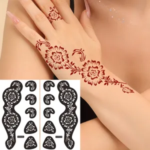 Nuevas plantillas huecas de Henna pintadas a mano, plantilla de tatuaje de Henna pintada, arte corporal, pegatinas de tatuaje hueco marrón