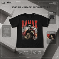 T-shirt graphique boxy noir RAMAX 300GSM, impression DTG squelette et guitare, coton premium, streetwear homme, personnalisable OEM ODM, vente en gros