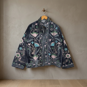 Hand Embroidered <b>Velvet</b> <b>Jacket</b> Stand Collar Floral Pattern Full Sleeve Autumn Women's Coat Elegant Style Wholesale <b>Jackets</b> - Product Image 4