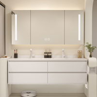 Meuble-lavabo de salle de bain moderne avec vasque simple/double, miroir intelligent anti-buée, fixation murale, en bois massif, avec lavabo en céramique, résistant à l'eau