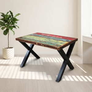 Meubles anciens industriels, table de salle à manger en bois massif, support en métal en forme de X, table d'étude, table de salle à manger pour hôtel et maison - Product Image 3