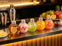 Bouteille ronde sphérique en plastique PET transparent de qualité alimentaire écologique de 150 ml et 200 ml avec couvercle en aluminium pour jus, lait, thé, boissons