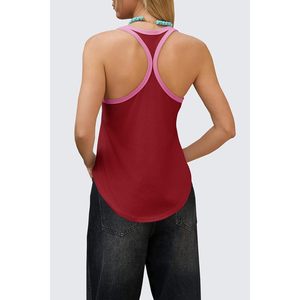 Camiseta sin mangas deportiva para mujer, espalda cruzada, roja con ribete rosa, transpirable, de punto, elastano y poliéster, para verano, ajuste holgado, bajo curvo - Product Image 4